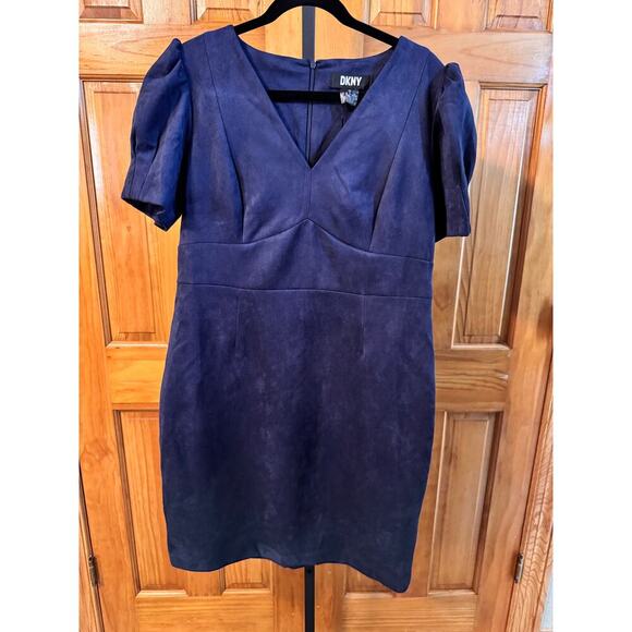 DKNY Navy Faux Suede Puff Sleeve Sheath Dress Size 16 – Elegant V-Neck - NEW - Picture 3 of 6